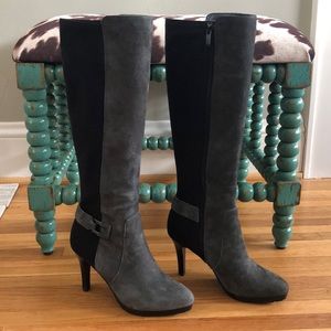 Tahiti Greyson tall boots in gray suede and black stretch fabric. Size 7.